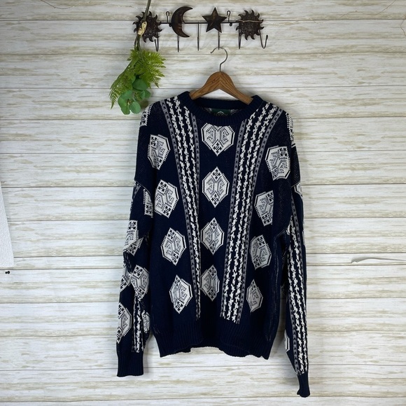 Vintage Jantzen Made in USA Blue Hexagon Pattern Cotton Grandpa Sweater - Picture 1 of 6